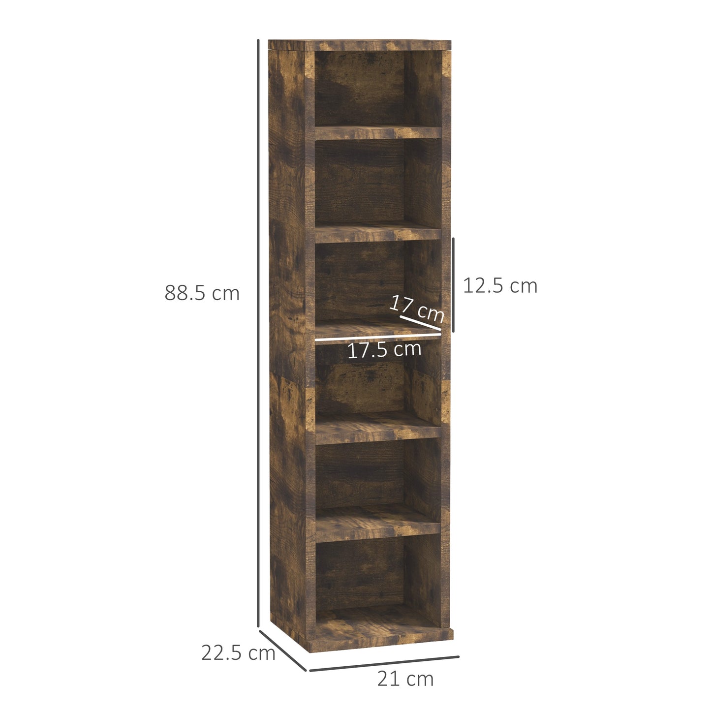 Set of 2 Bookcases CD Rack with 6 Shelves, Height Adjustable, Wooden, 21x19.2x88.3 cm, Brown