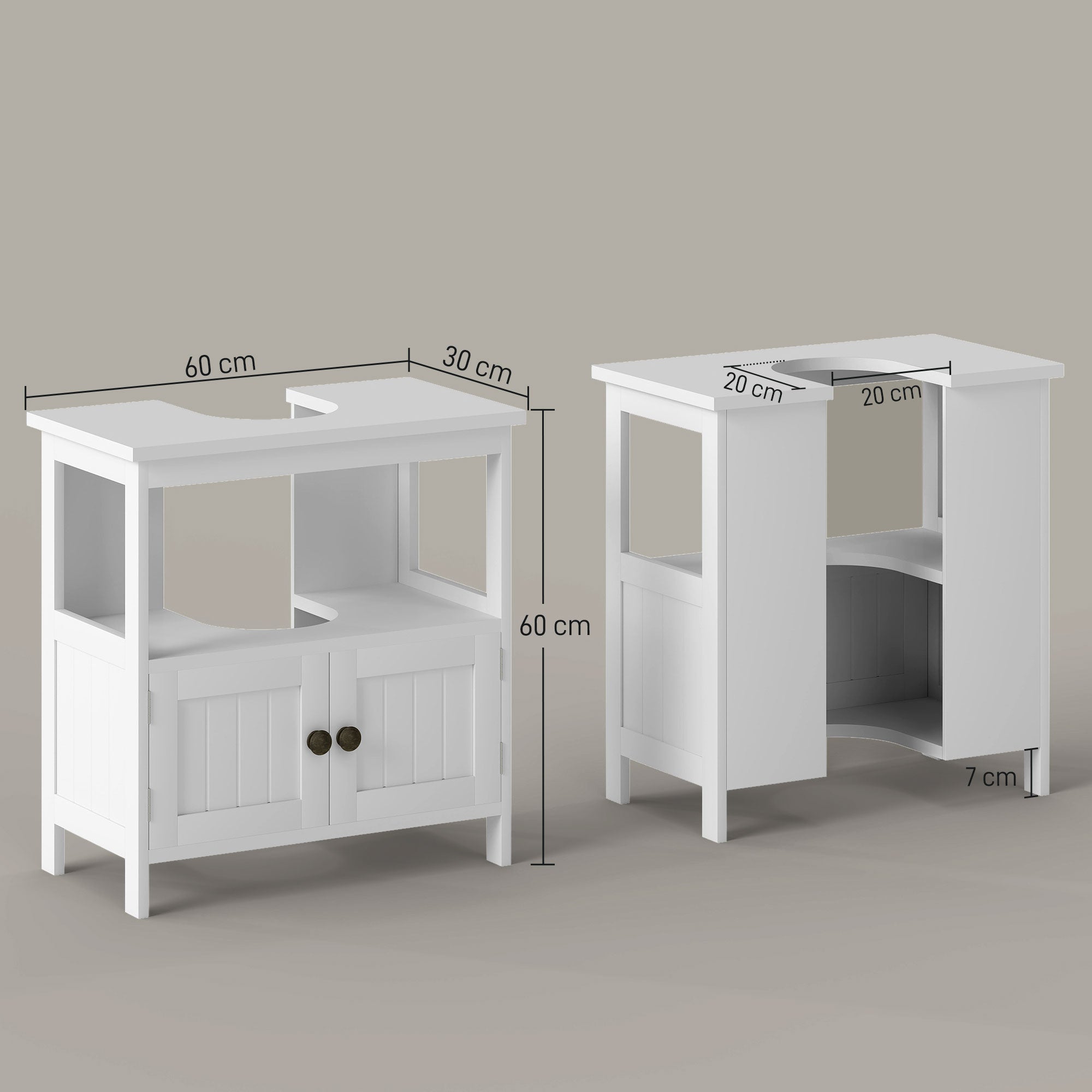 Under-Sink Cabinet with Shelf and Cabinet, U-Shaped and 2 Doors, 60x30x60 cm, White