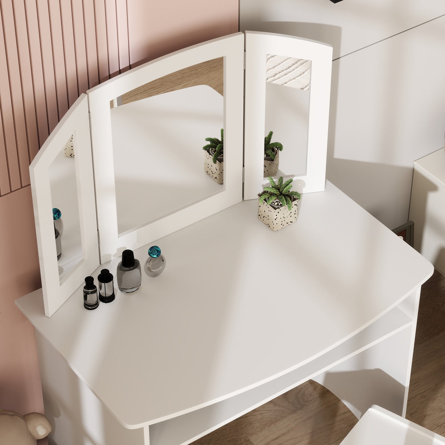 Kids Makeup Set with Removable Triple Mirror Dressing Table and White Wooden Chair