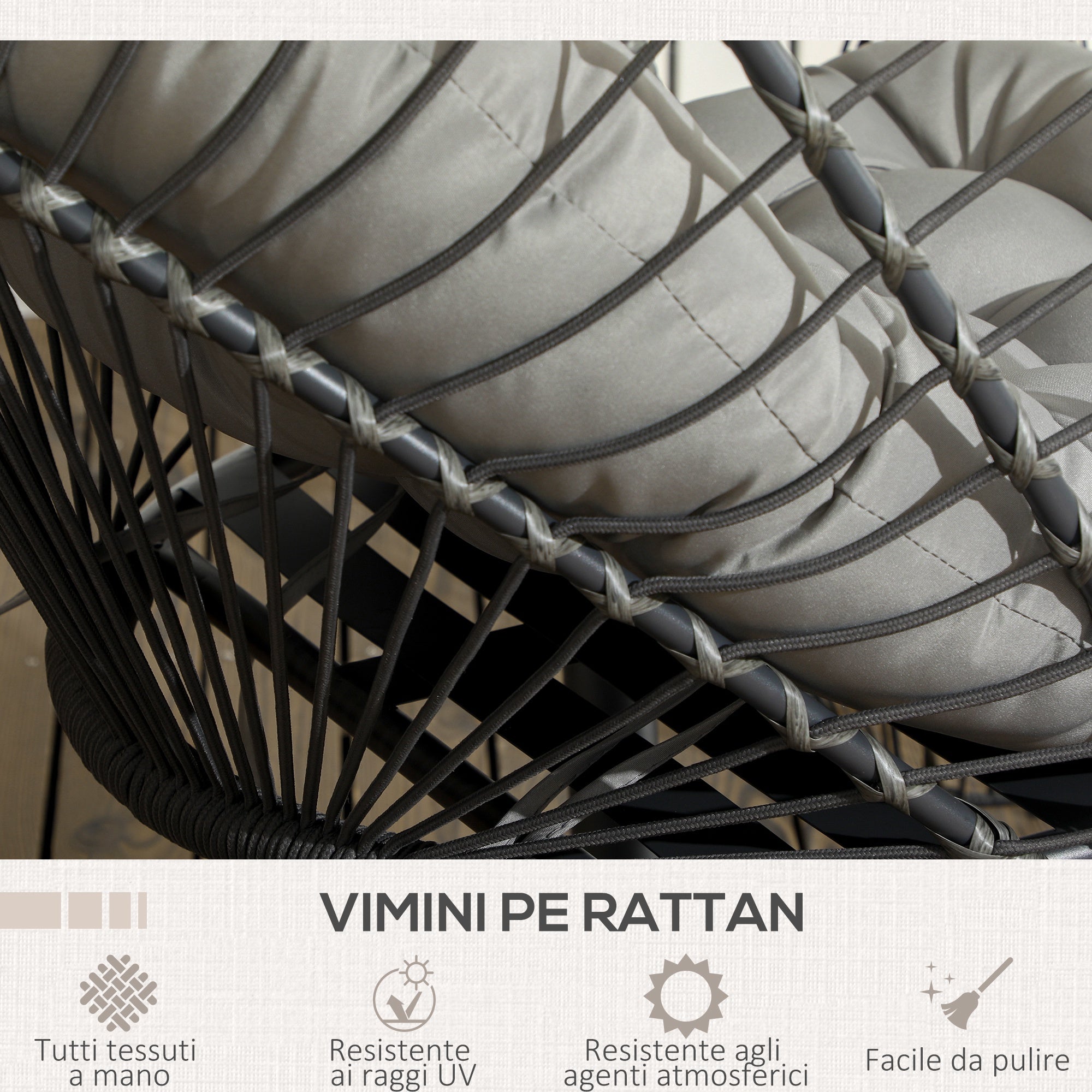 Hanging Armchair in PE Rattan with Cushion, Folding Seat and Steel Structure, Grey - Borgè