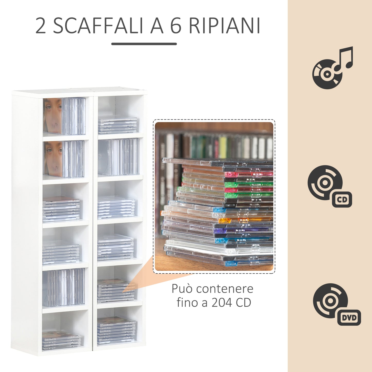 Bookcase CD shelf set of 2 pieces with 12 wooden shelves, 21x19.2x88.3 cm, White