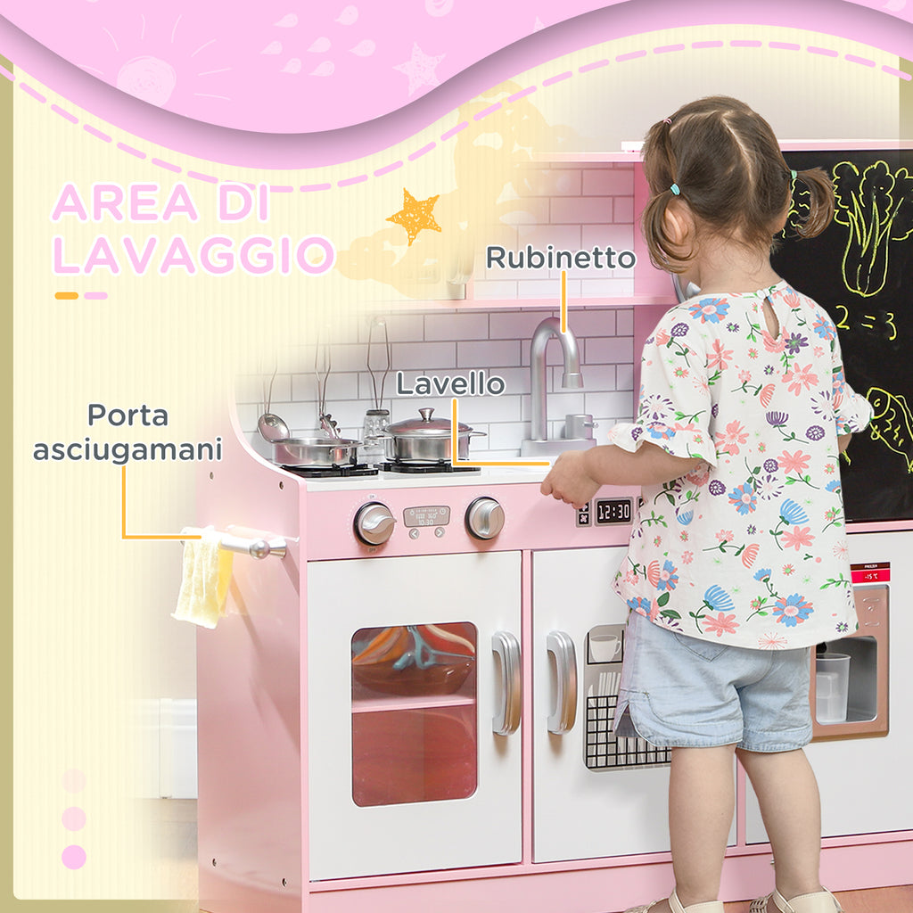 Wooden Toy Kitchen for Kids Ages 3-8 with Stove, Microwave, Sink, and Accessories, Pink