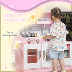 Wooden Toy Kitchen for Kids Ages 3-8 with Stove, Microwave, Sink, and Accessories, Pink