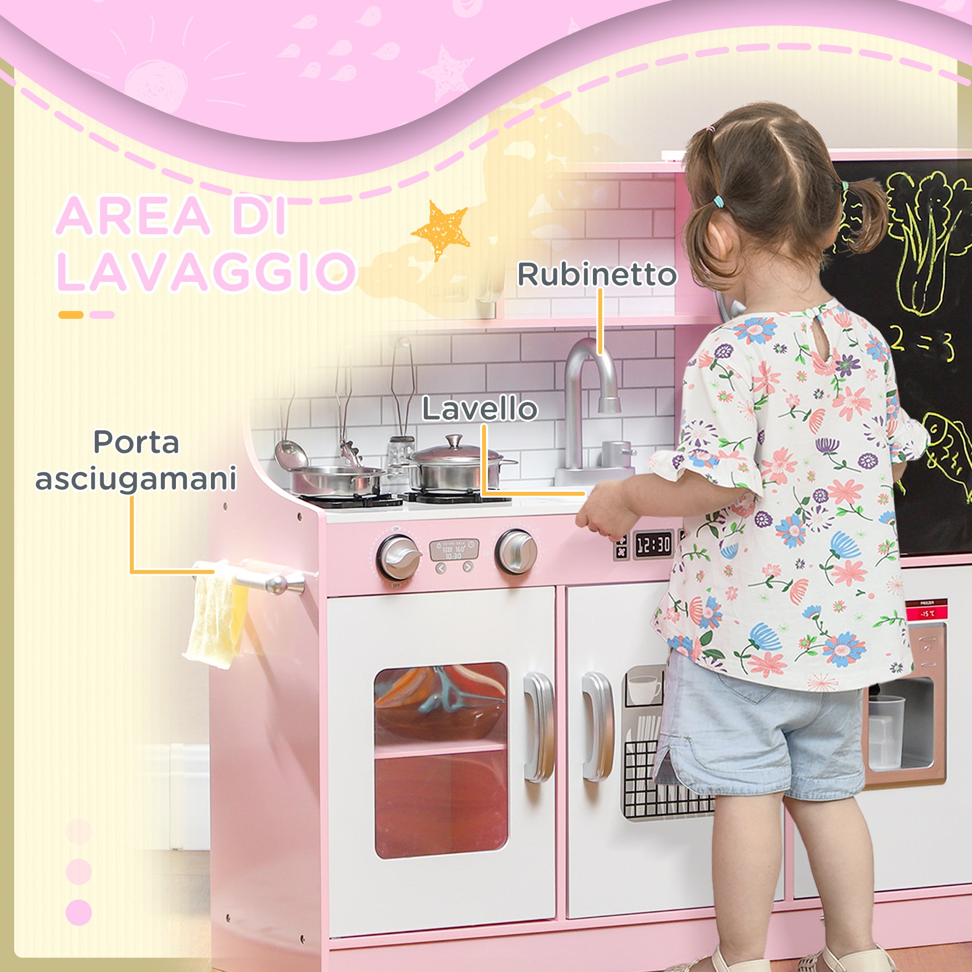 Wooden Toy Kitchen for Kids Ages 3-8 with Stove, Microwave, Sink, and Accessories, Pink