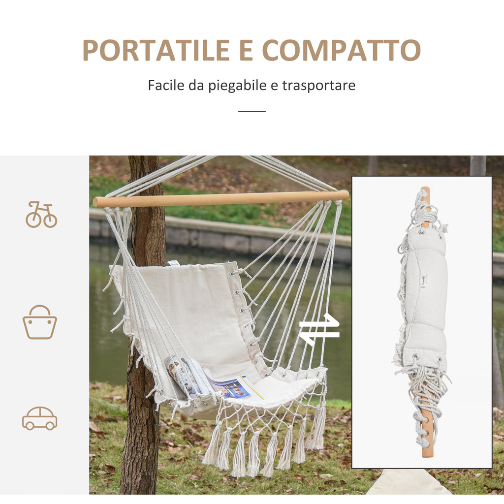 Indoor and Outdoor Hanging Rocking Chair in Fabric with Tassels, 90x50 cm, Cream