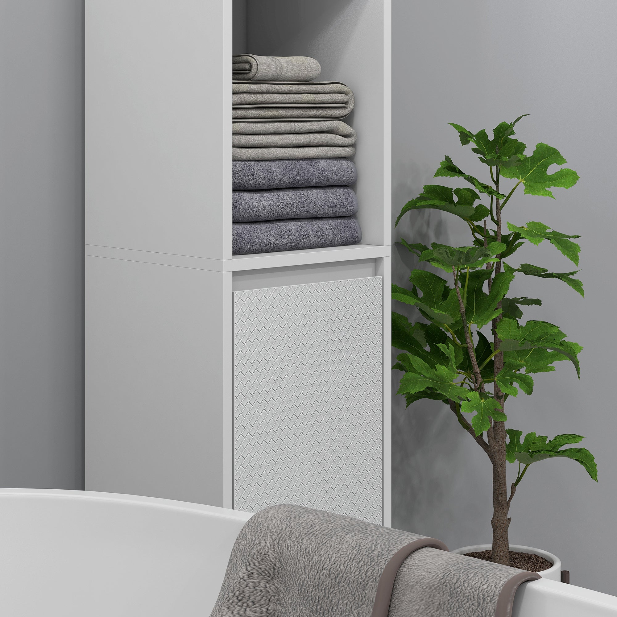 Space-Saving Bathroom Column with Cabinet and 2 Open Compartments, 30x30x160cm, White