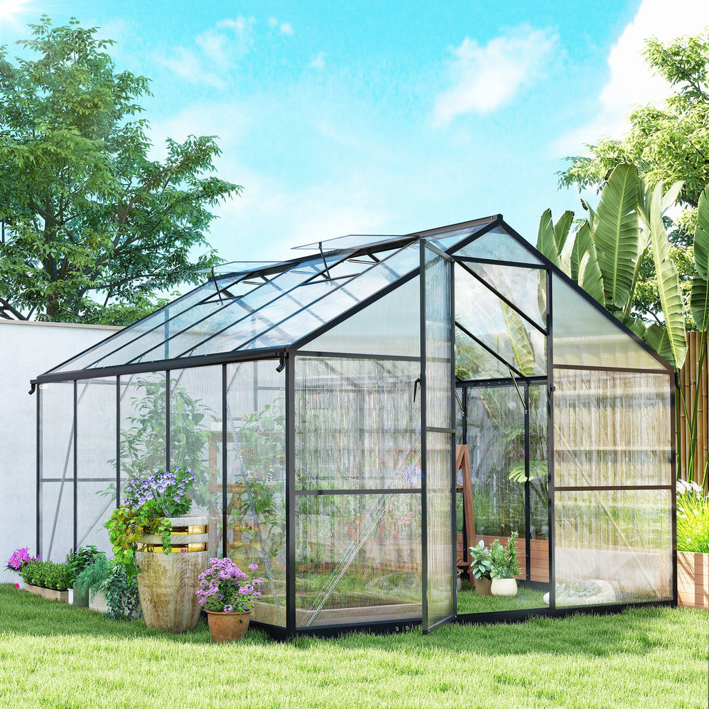 Outsunny PC and Aluminum Vegetable Garden Greenhouse with Hinged Door and 2 Adjustable Windows, 304x247x205 cm, Black