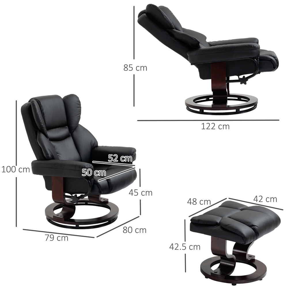 Relaxing Chair and Footstool, 145° Reclining with Swivel Seat in Faux Leather, Black