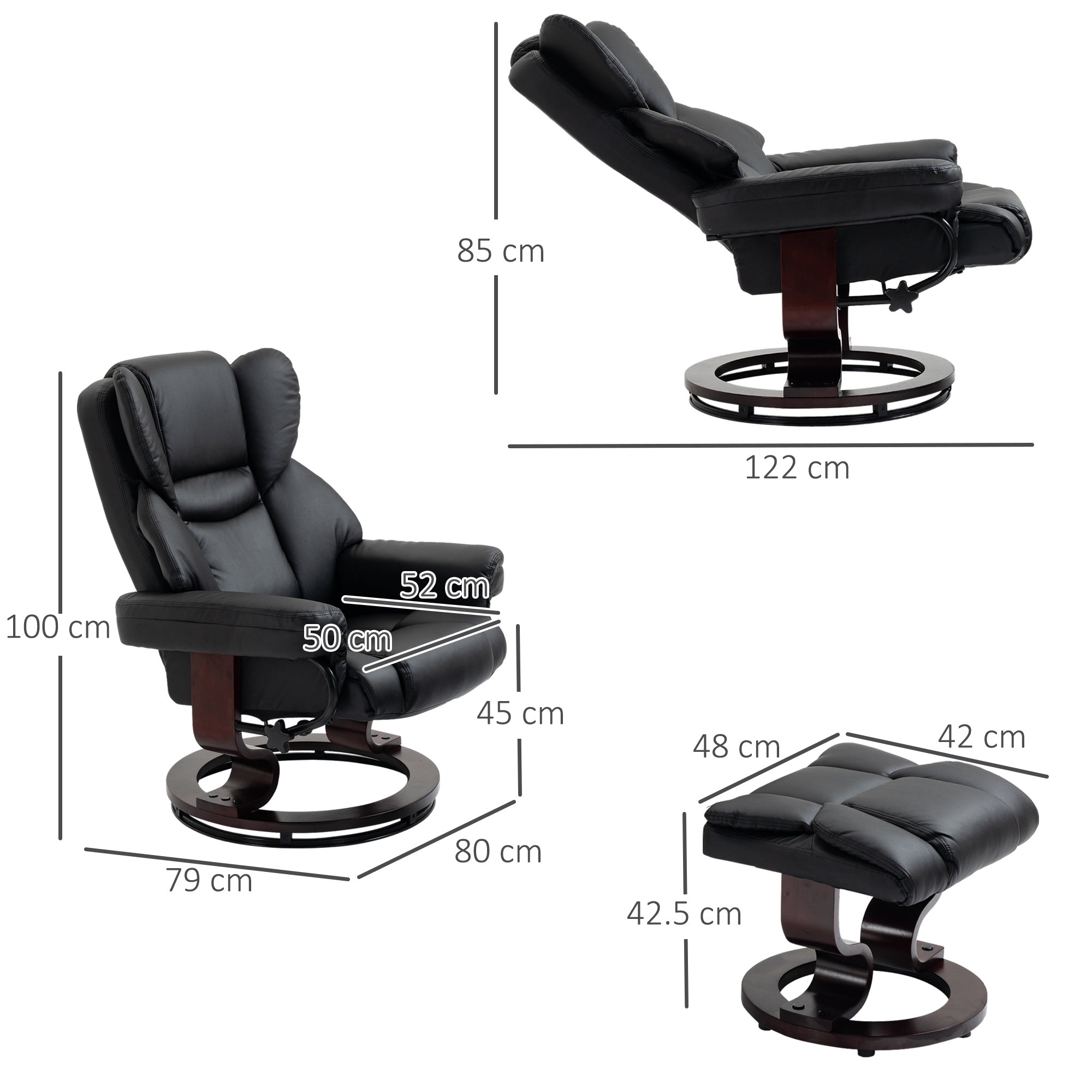 Relaxing Chair and Footstool, 145° Reclining with Swivel Seat in Faux Leather, Black