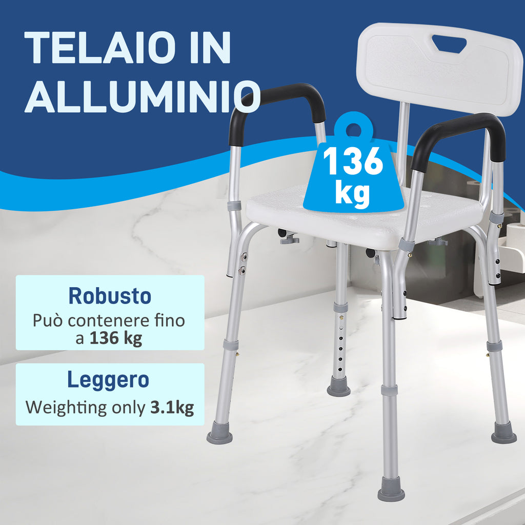 Aluminium Shower Chair with Adjustable Height and Non-Slip Feet, 51.5x51.5x71-84cm, White