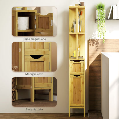 Bathroom Column with Open Shelves and Cabinets with Magnetic Doors, 18x30x120 cm, Wood Color