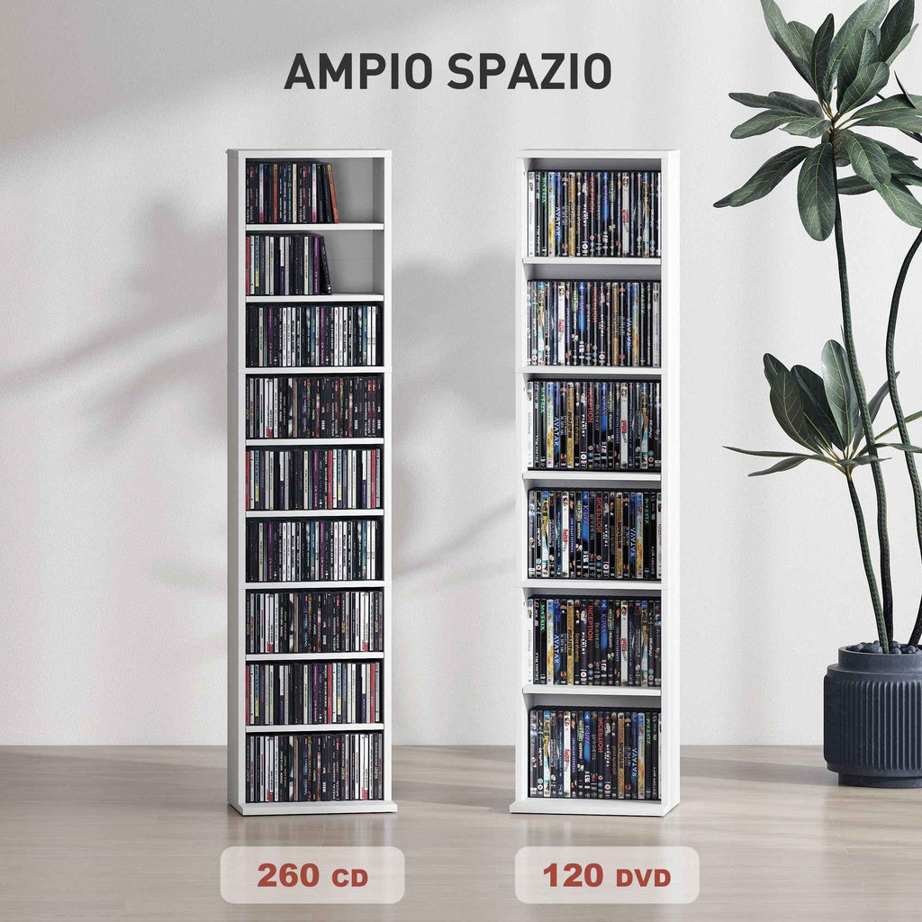 HOMCOM CD Rack with 6 Adjustable Shelves, 260 CDs/120 DVDs Capacity, 33x24x140 cm, White