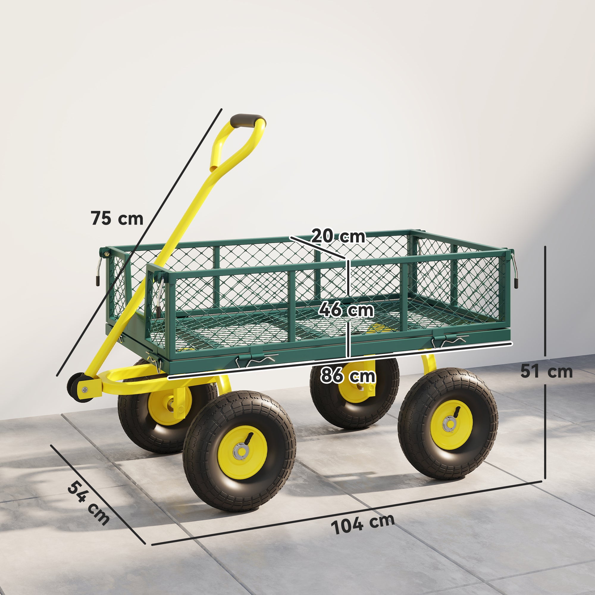 Outsunny Steel Garden Cart with 200 kg Capacity and Removable Side Walls, 104 x 54 x 51 cm, Green and Yellow