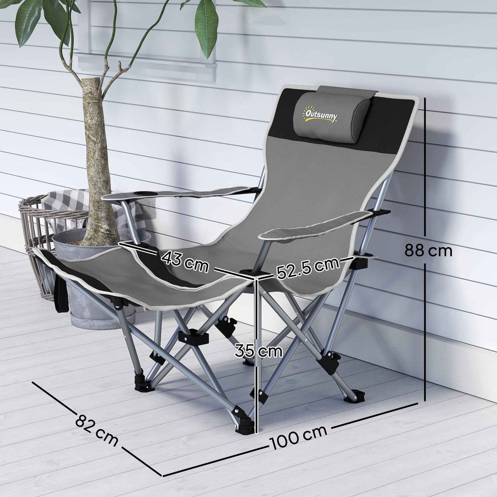 Outsunny Folding Camping Chair with Detachable Footrest, Cup Holder and Side Pocket, 82x100x88 cm, Black
