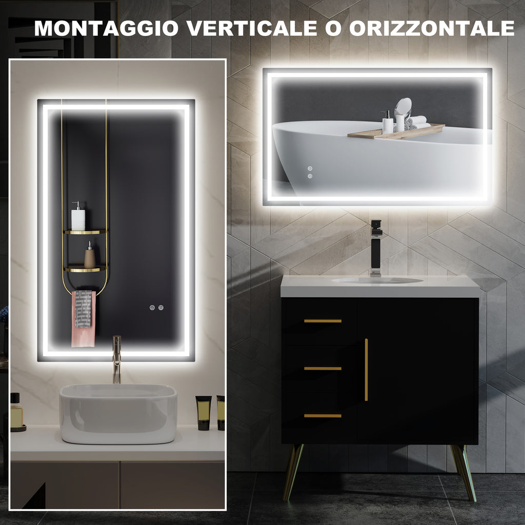 Bathroom Mirror with 3-Color Adjustable LED Lights and Anti-Shock Coating, Glass and Metal, 100x3x60 cm