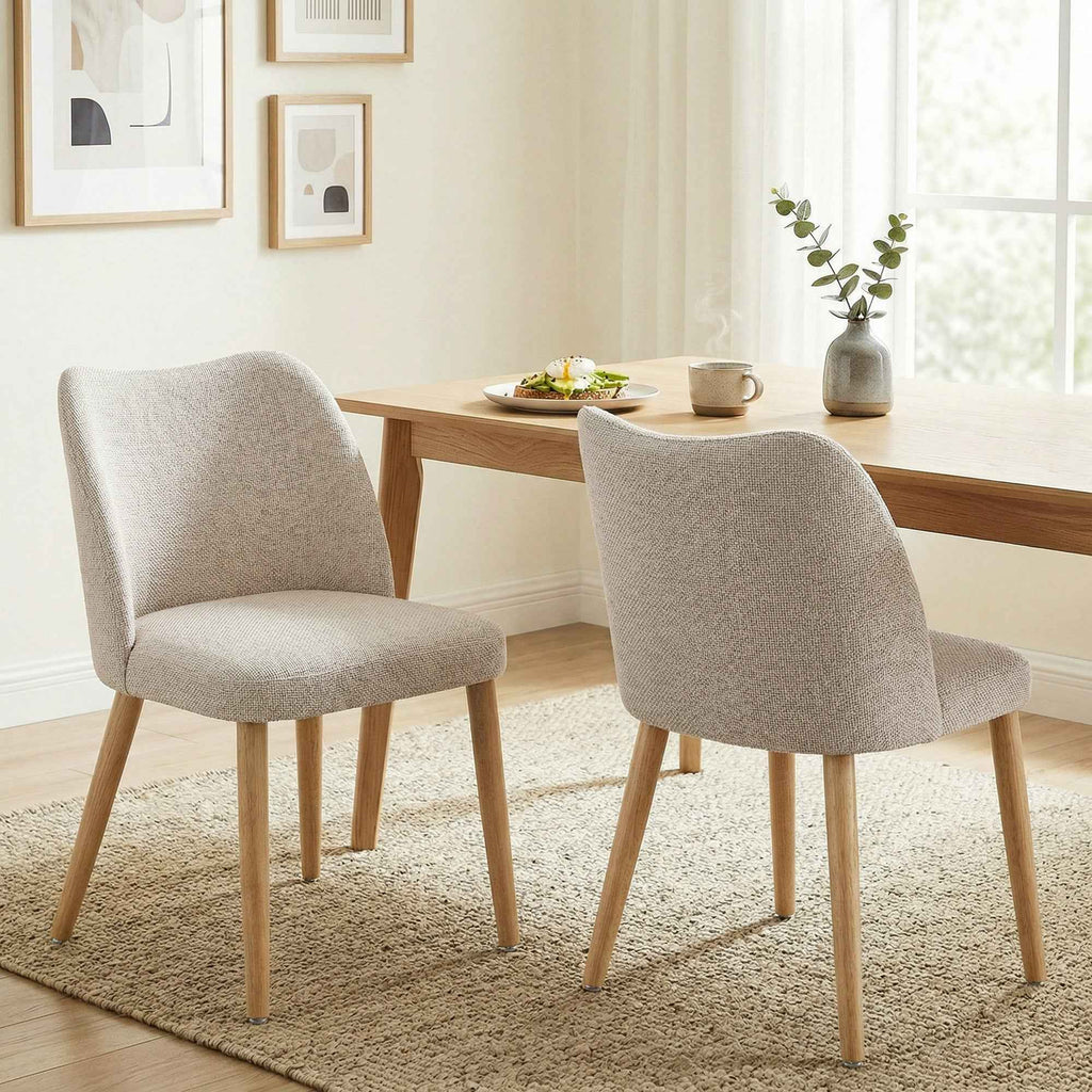 HOMCOM Set of 2 Dining Chairs in Linen-Effect Fabric and Rubber Wood, Padded Seat, Curved Backrest, Cream