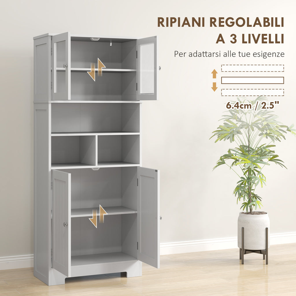 Kitchen Sideboard with 2 Cabinets and 3 Open Compartments, Glass Doors and Adjustable Shelves, 60x30x145.5 cm, White