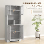 Kitchen Sideboard with 2 Cabinets and 3 Open Compartments, Glass Doors and Adjustable Shelves, 60x30x145.5 cm, White