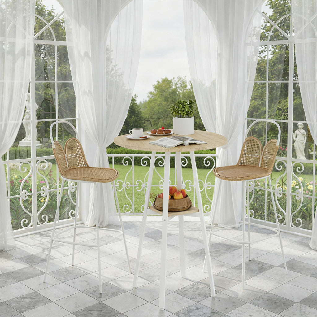 HOMCOM Round High Table with Shelf, Modern Kitchen or Dining Table, for 2 People, Natural and White