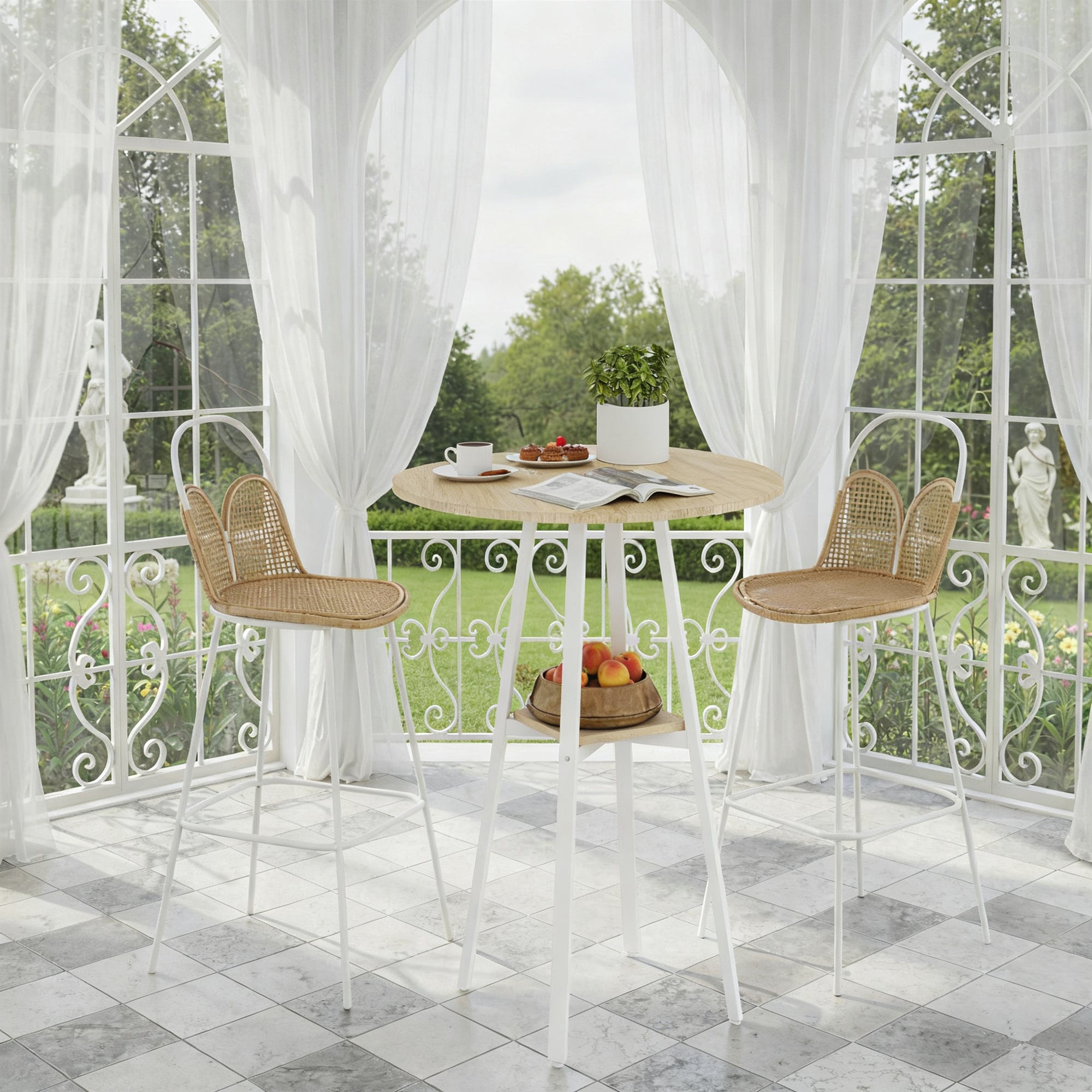 HOMCOM Round High Table with Shelf, Modern Kitchen or Dining Table, for 2 People, Natural and White
