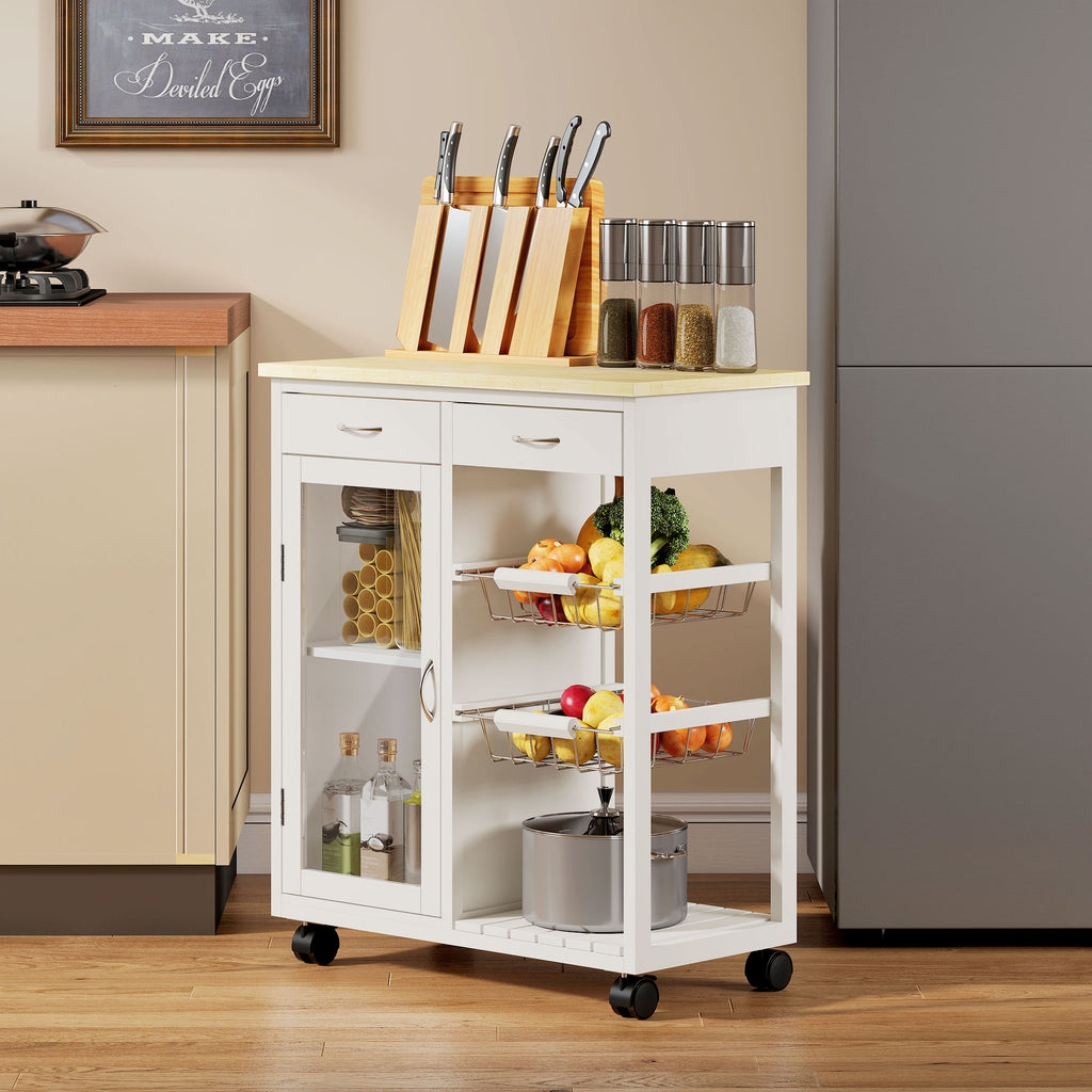 Bamboo Kitchen Cart with 2 Drawers, Cabinet, Shelf and 2 Steel Baskets, 67x35x80 cm, White
