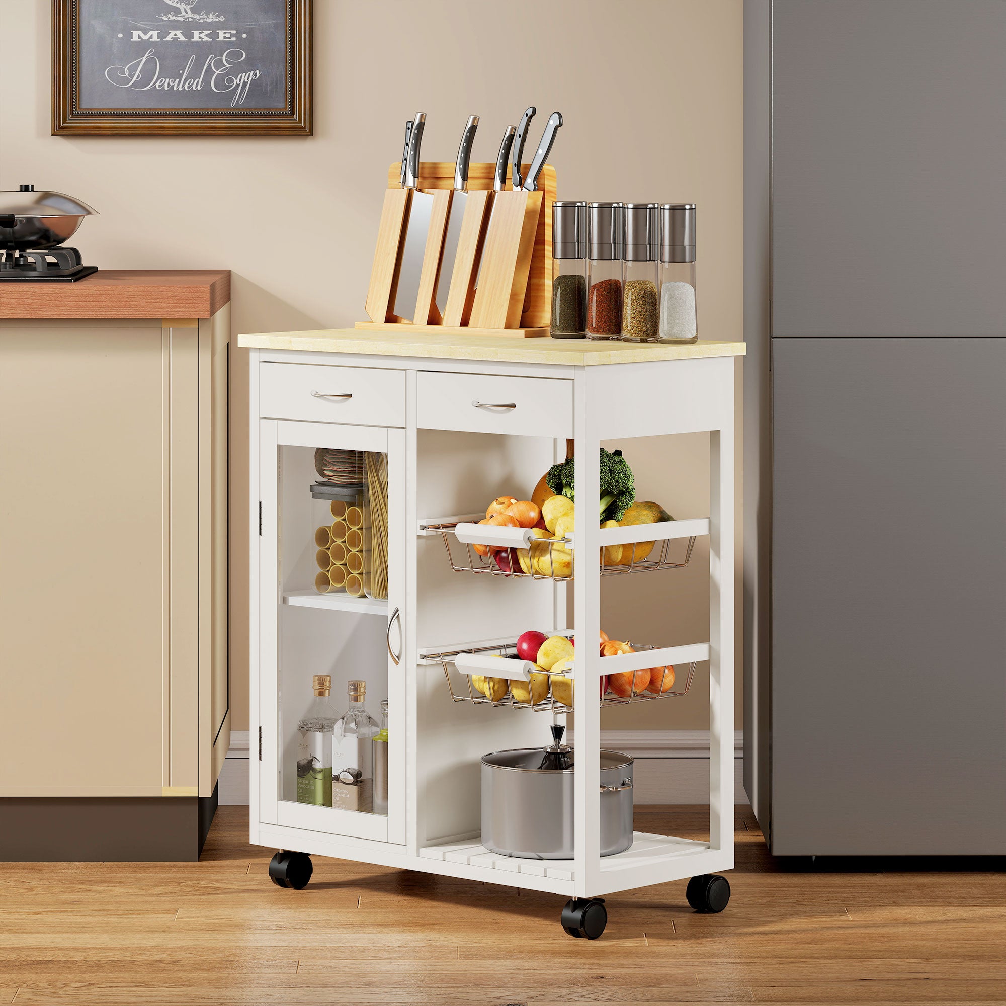 Bamboo Kitchen Cart with 2 Drawers, Cabinet, Shelf and 2 Steel Baskets, 67x35x80 cm, White