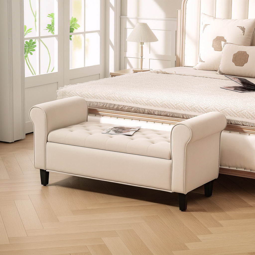 Velvet Fabric Bed End Bench with Storage Space and Armrests, 126x48.5x57 cm, Beige