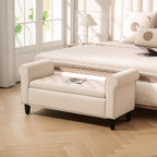 Velvet Fabric Bed End Bench with Storage Space and Armrests, 126x48.5x57 cm, Beige