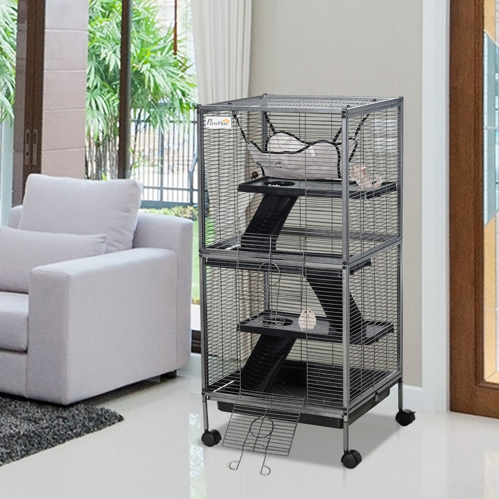 Small Pet Cage, Steel Guinea Pig and Chinchilla Cage with 3 Levels, 4 Wheels, Hammock and Removable Tray, 52 x 52 x 113.5cm, Silver Grey