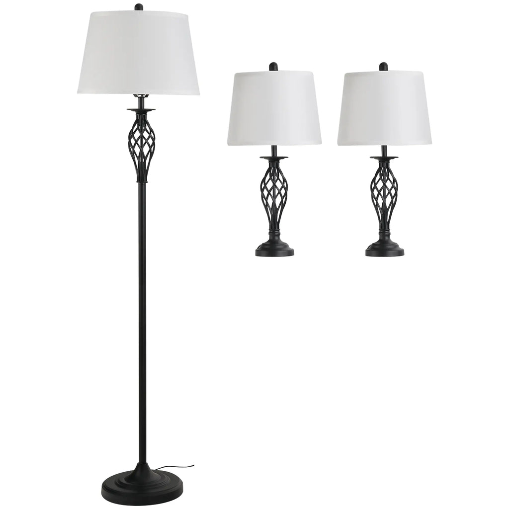 3 Piece Set: 1 Floor Lamp and 2 Metal Table Lamps, Vintage Design, E27 Bulbs, Black and White