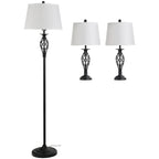 3 Piece Set: 1 Floor Lamp and 2 Metal Table Lamps, Vintage Design, E27 Bulbs, Black and White