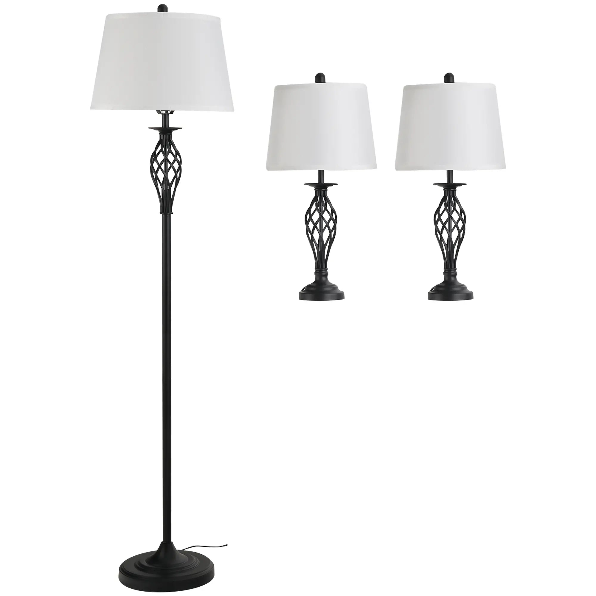 3 Piece Set: 1 Floor Lamp and 2 Metal Table Lamps, Vintage Design, E27 Bulbs, Black and White