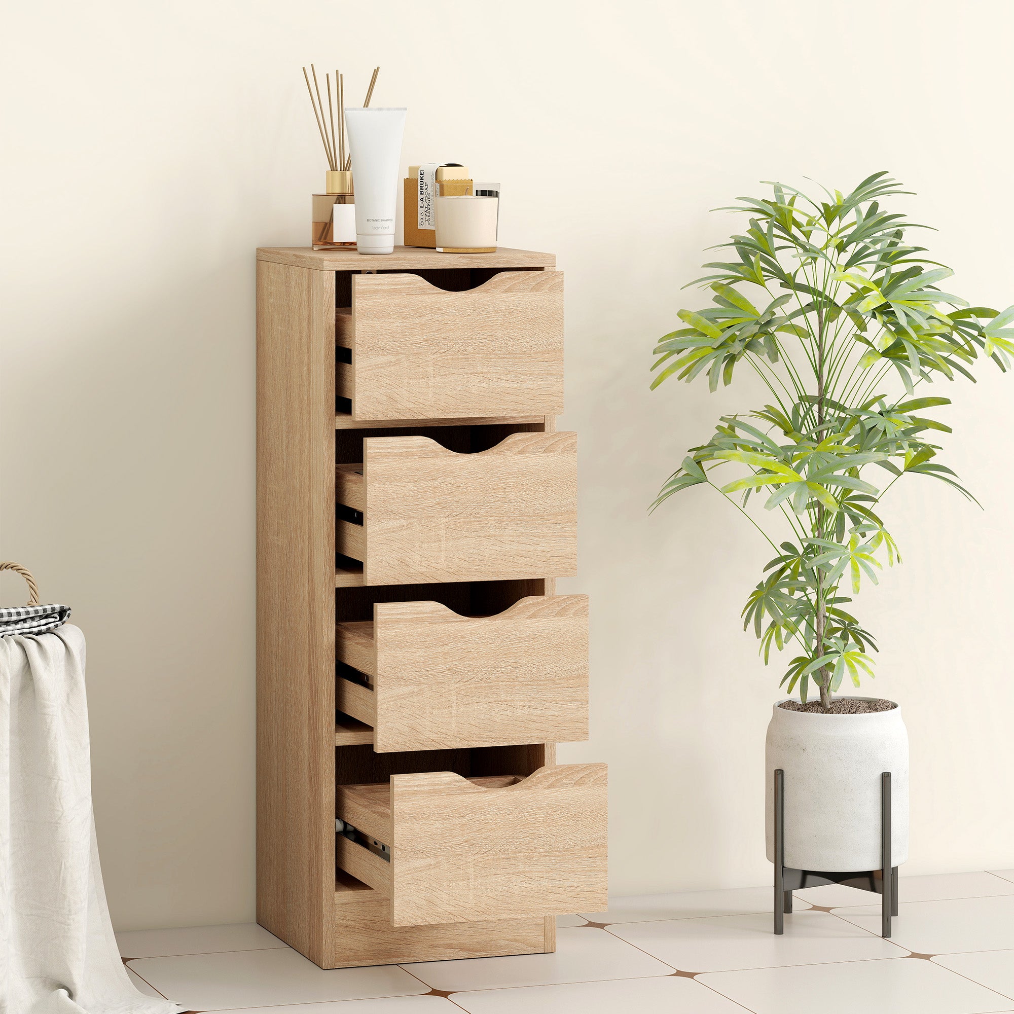 Space-Saving Bathroom Cabinet with 4 Drawers and Carved Handles in Nordic Style, 29x29x83 cm, Natural Wood