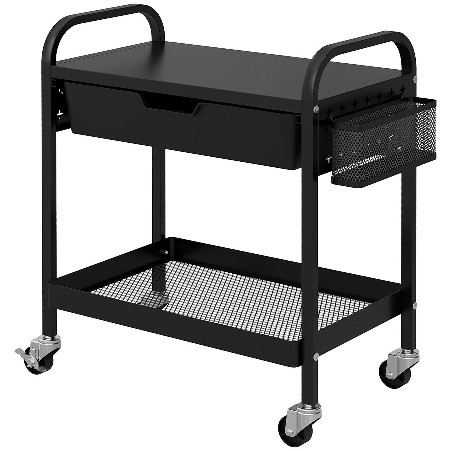 Kitchen and Multi-use Trolley with Basket, Removable Drawer and 3 Hooks, in PP and Metal, 61x32.6x58.5 cm, Black