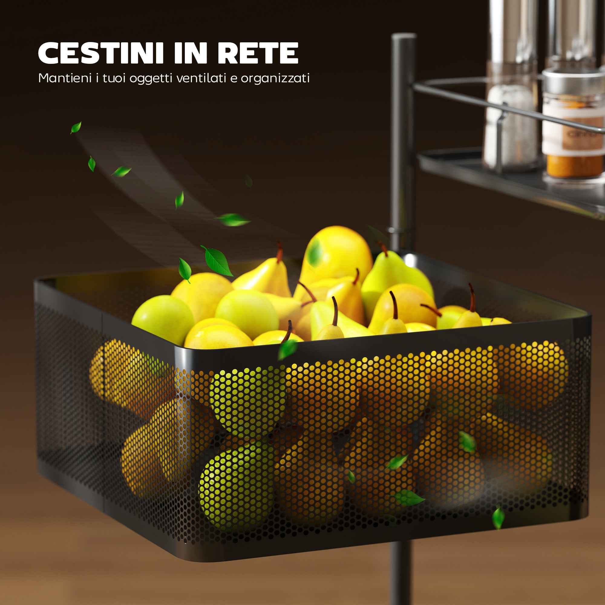 HOMCOM 3-Tier Kitchen Cart with Rotating Metal Baskets, Wheels and Brake, 27.5 x 27.5 x 62 cm, Black