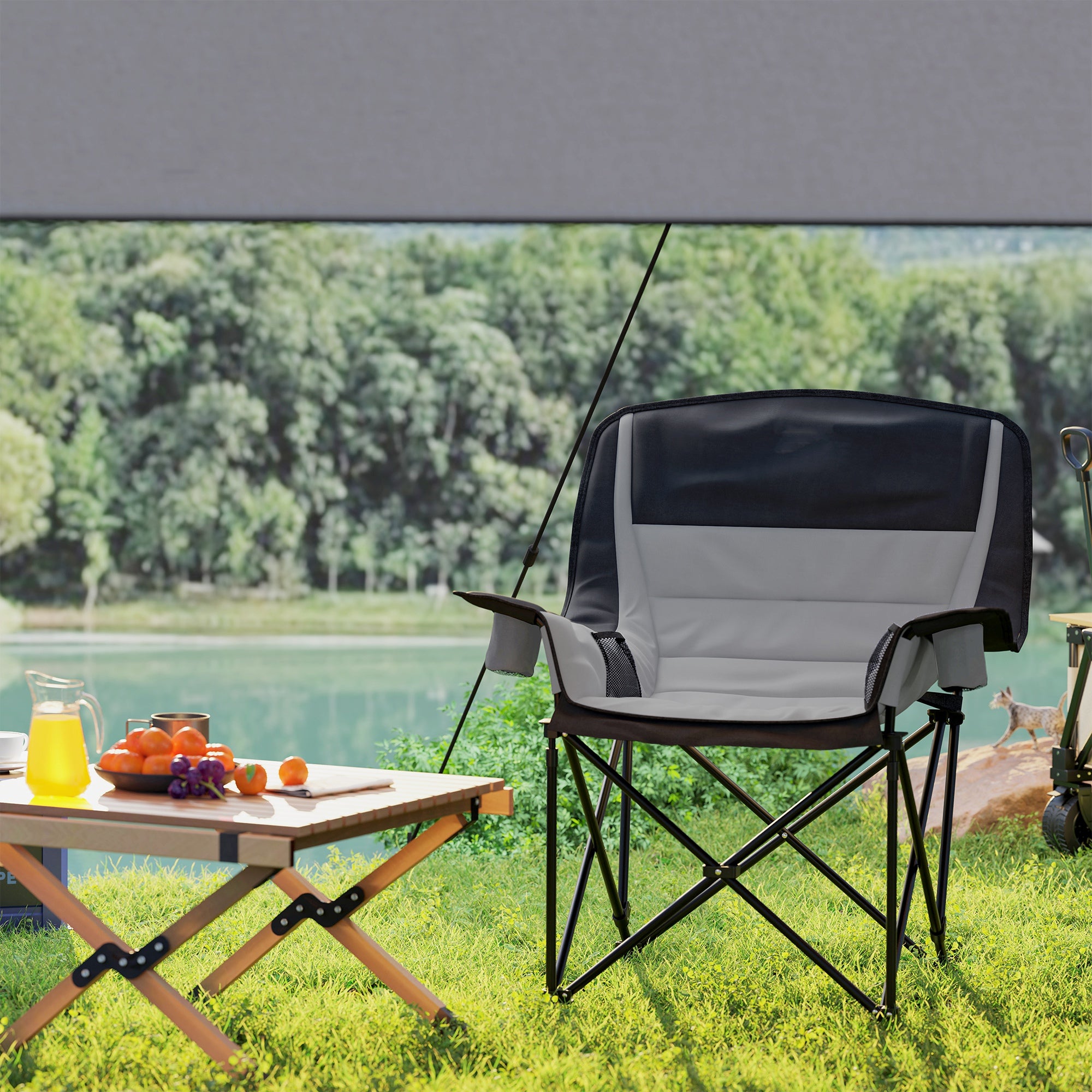 Folding Camping Chair with 2 Cup Holders and Side Pockets, 99x71x103 cm, Gray and Black