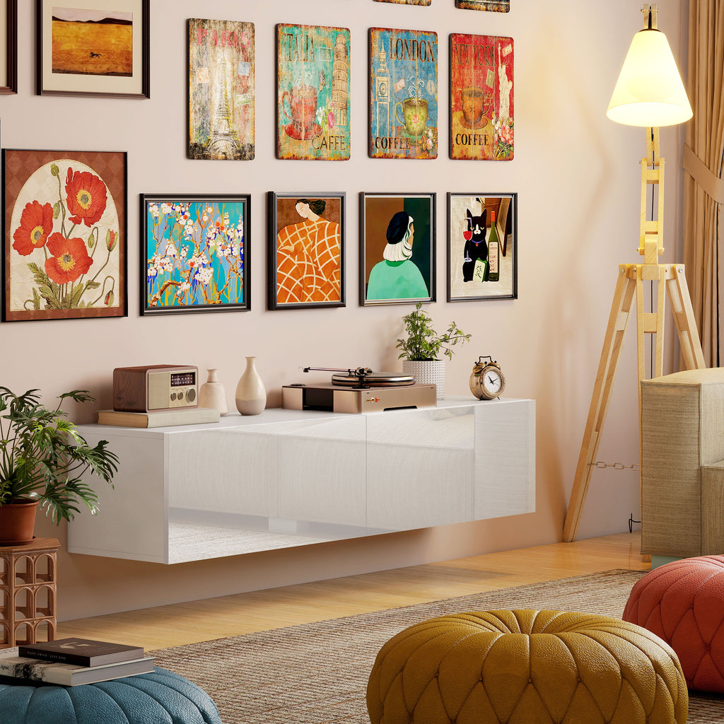 Wall Mounted TV Cabinet for 45"-55"-65" TVs with 2 Cabinets and Drop-Door, 140x33x29.8 cm, White