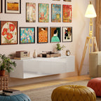 Wall Mounted TV Cabinet for 45"-55"-65" TVs with 2 Cabinets and Drop-Door, 140x33x29.8 cm, White