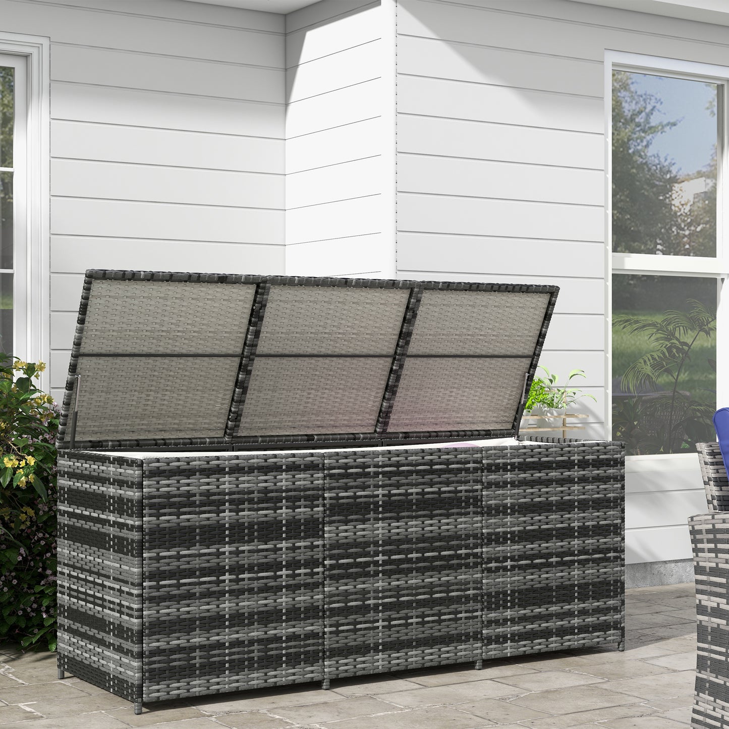 Outsunny Raised Storage Bench with Internal Lining, in Steel and Rattan, 180x60x73 cm, Gray and Cream - Borgè