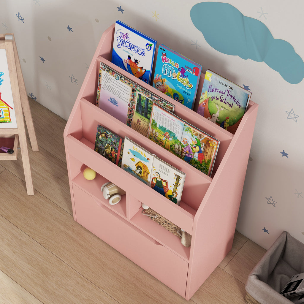 Small Children's Bookcase with MDF Shelves and Drawer, 60x29.9x90cm, Pink