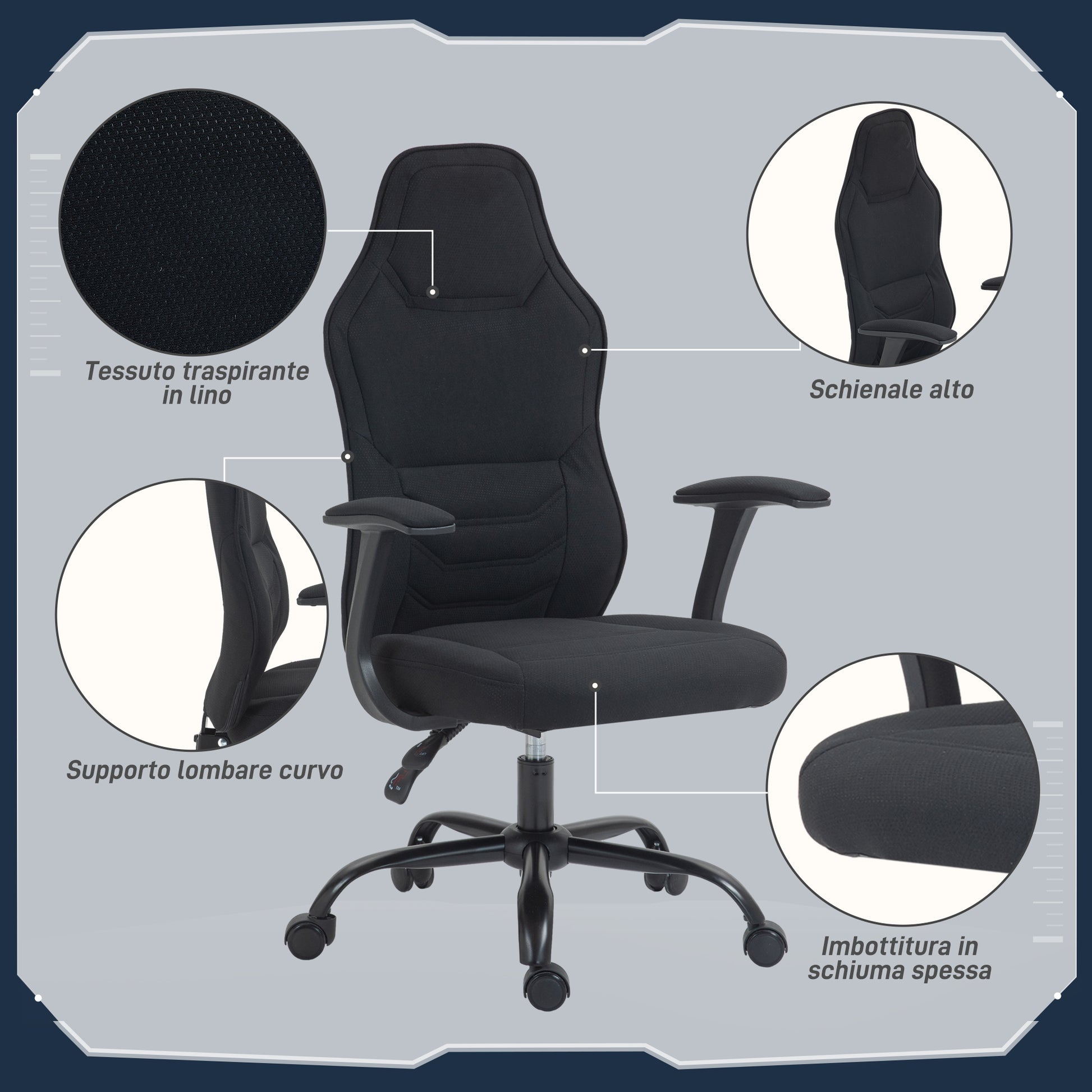 HOMCOM Reclining Gaming Chair with Lumbar Support, Adjustable Height and Swivel Fabric Seat, Black - Borgè