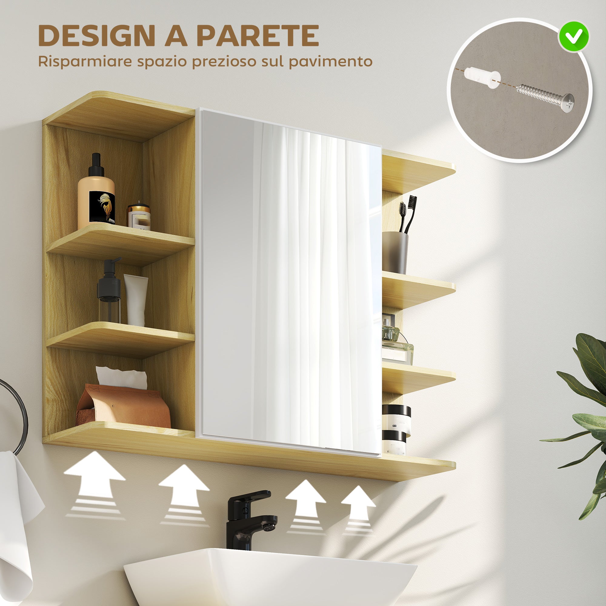Bathroom Mirror with 2-Tier Cabinet and 6 Open Compartments, 80x20x59 cm, Wood