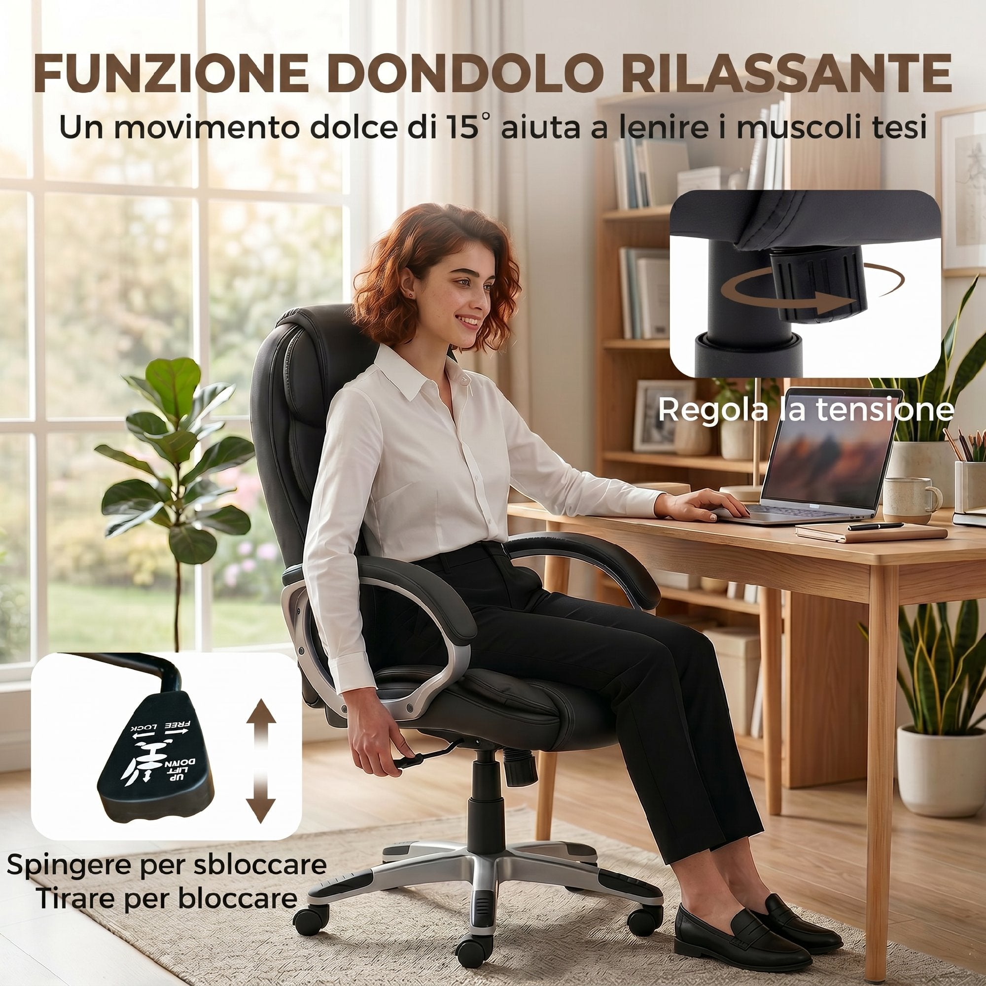 HOMCOM Ergonomic PU Leather Swivel Office Chair with Rocking and Adjustable Height, Black