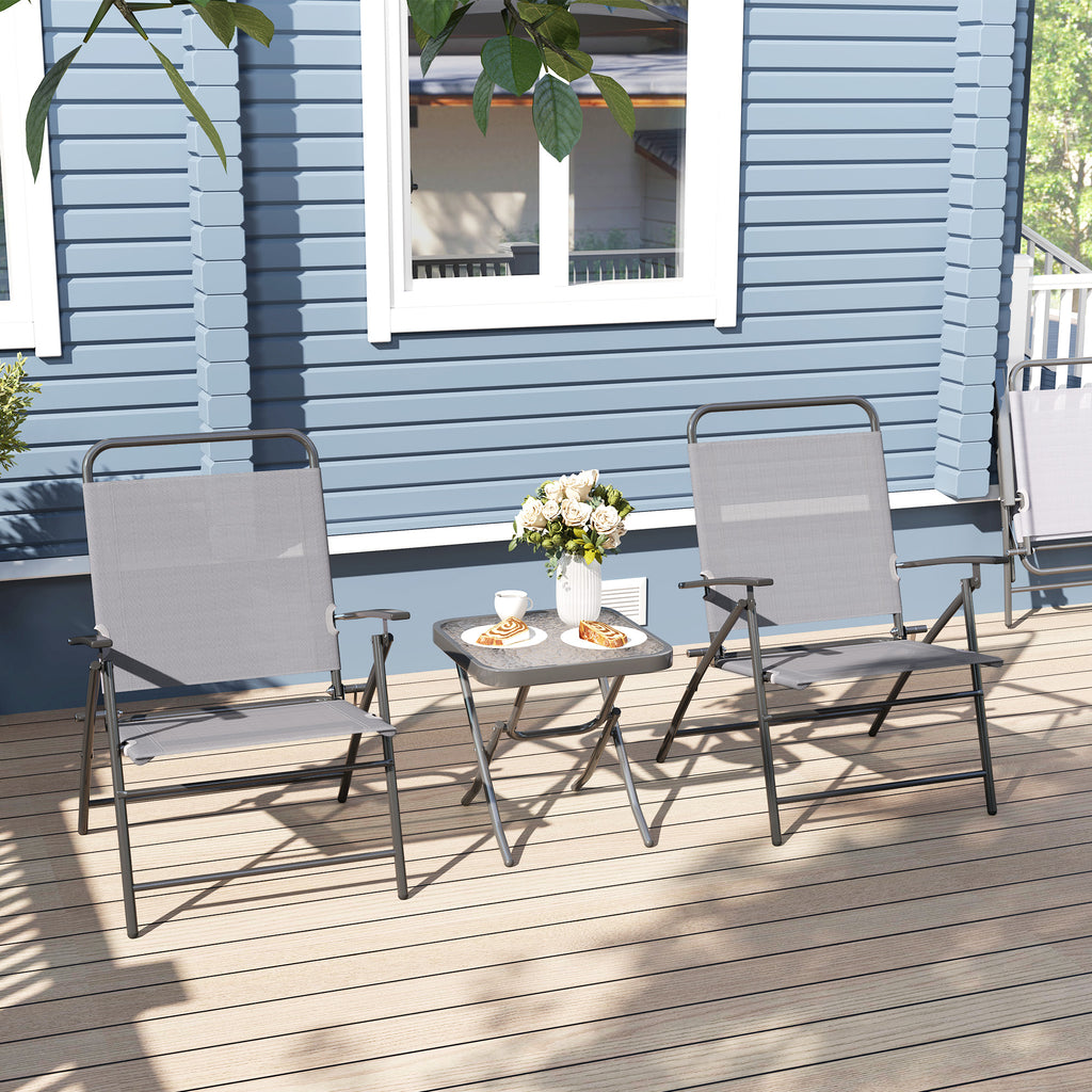 Garden Set with Glass Top Table and 2 Folding Chairs with Adjustable Backrest, Grey