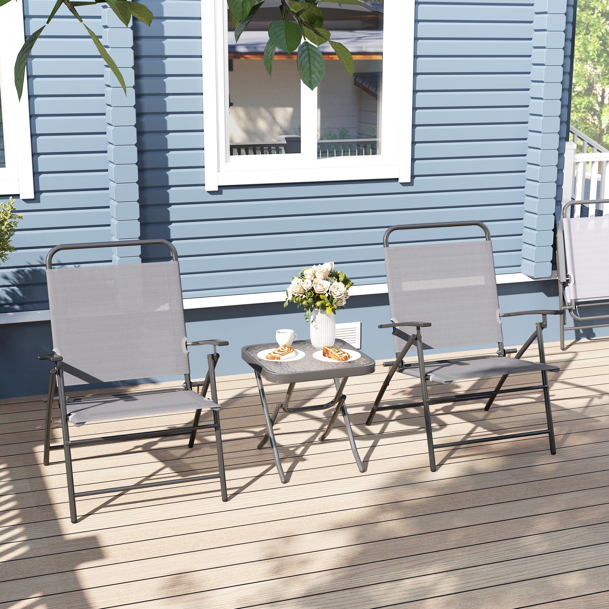 Garden Set with Glass Top Table and 2 Folding Chairs with Adjustable Backrest, Grey