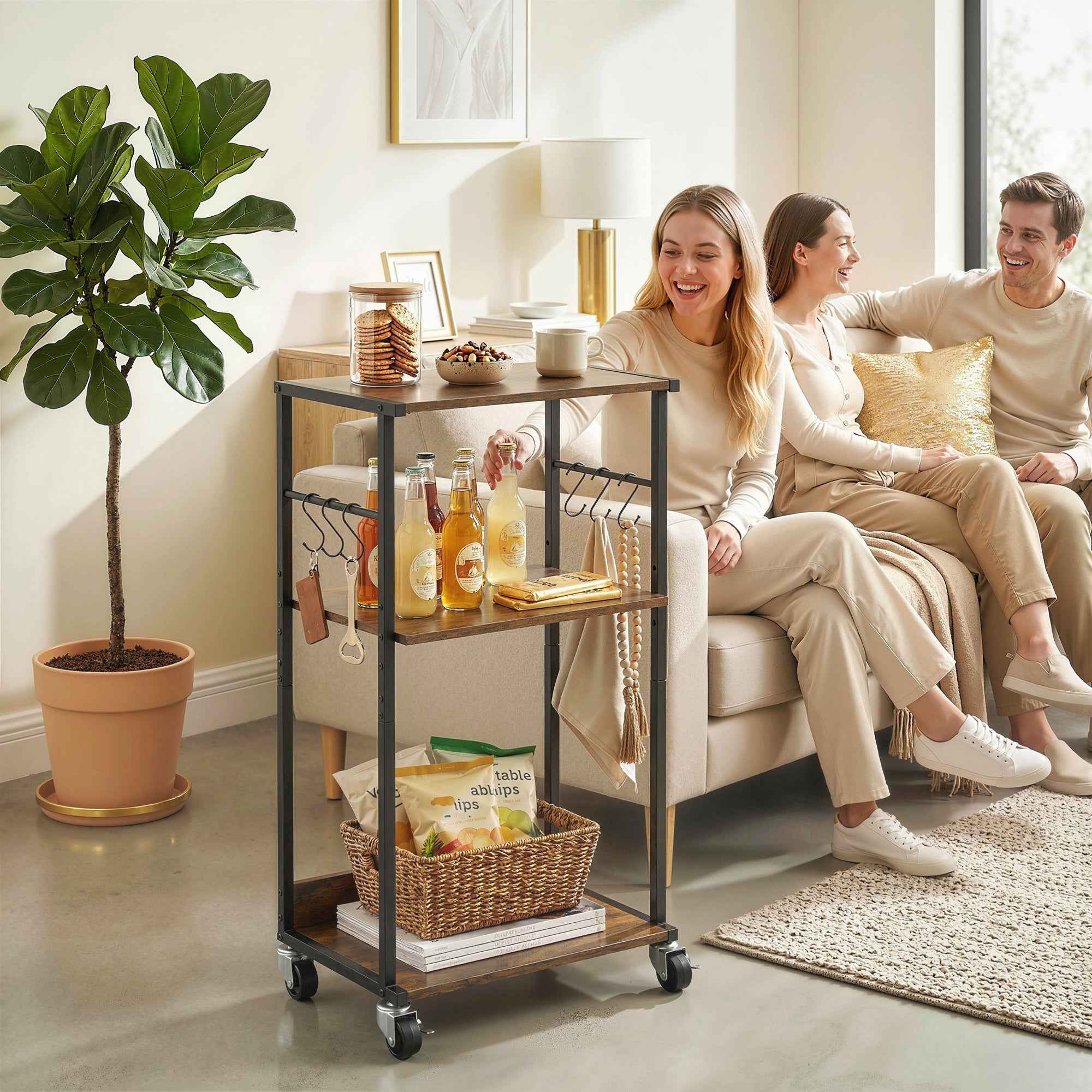 HOMCOM Industrial Printer Table 3 Tier, Wheels and Hooks, Rustic Brown.