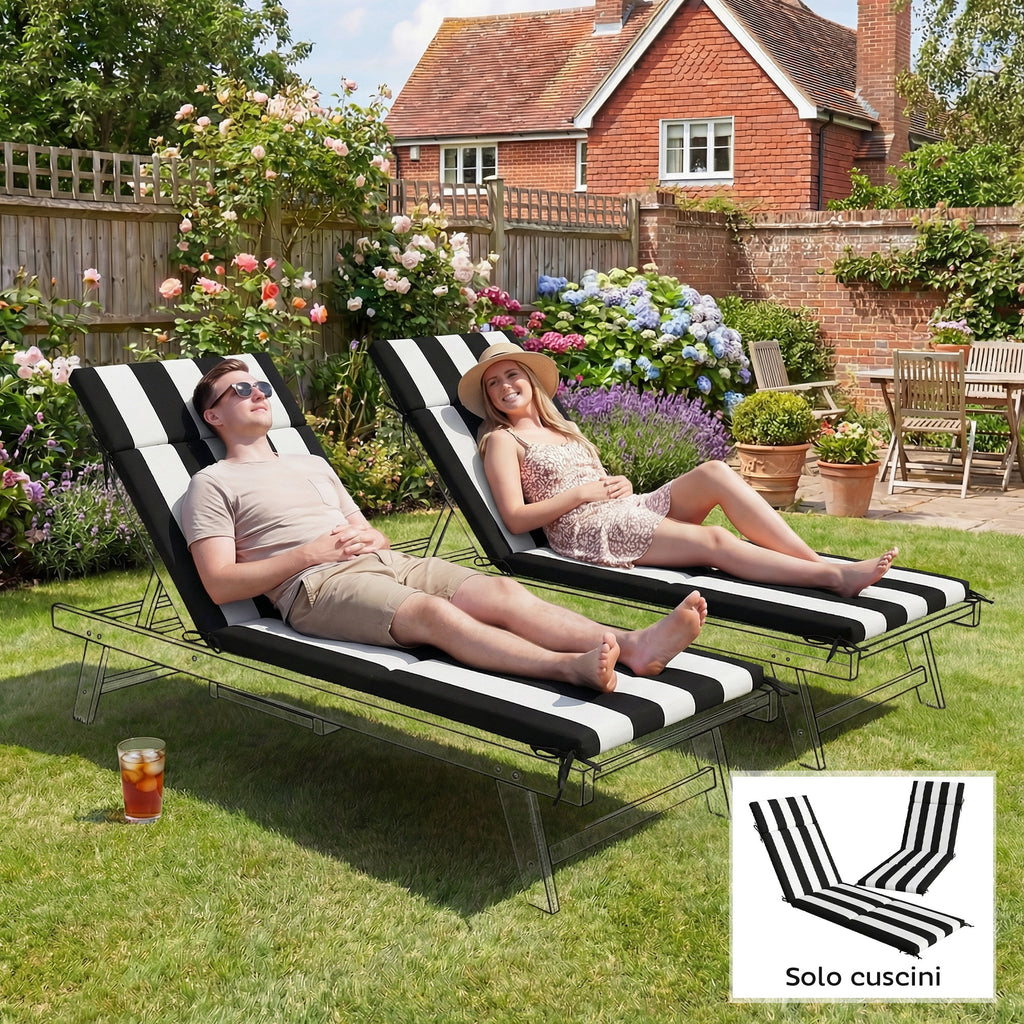 Outsunny Set of 2 Outdoor Chair Cushions with 6 Attachment Ties, Cotton, 183x54x6.5 cm, Black and White
