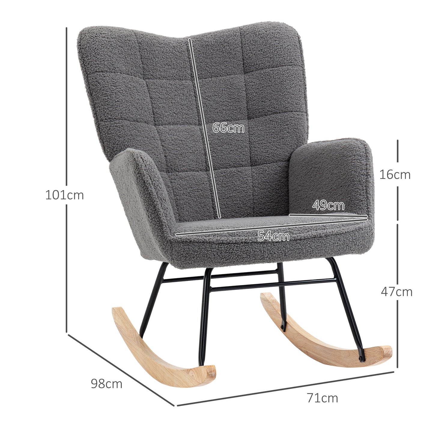 Upholstered Rocking Chair in Wood and Steel for Living Room and Bedroom, 71x98x101 cm, Dark Grey