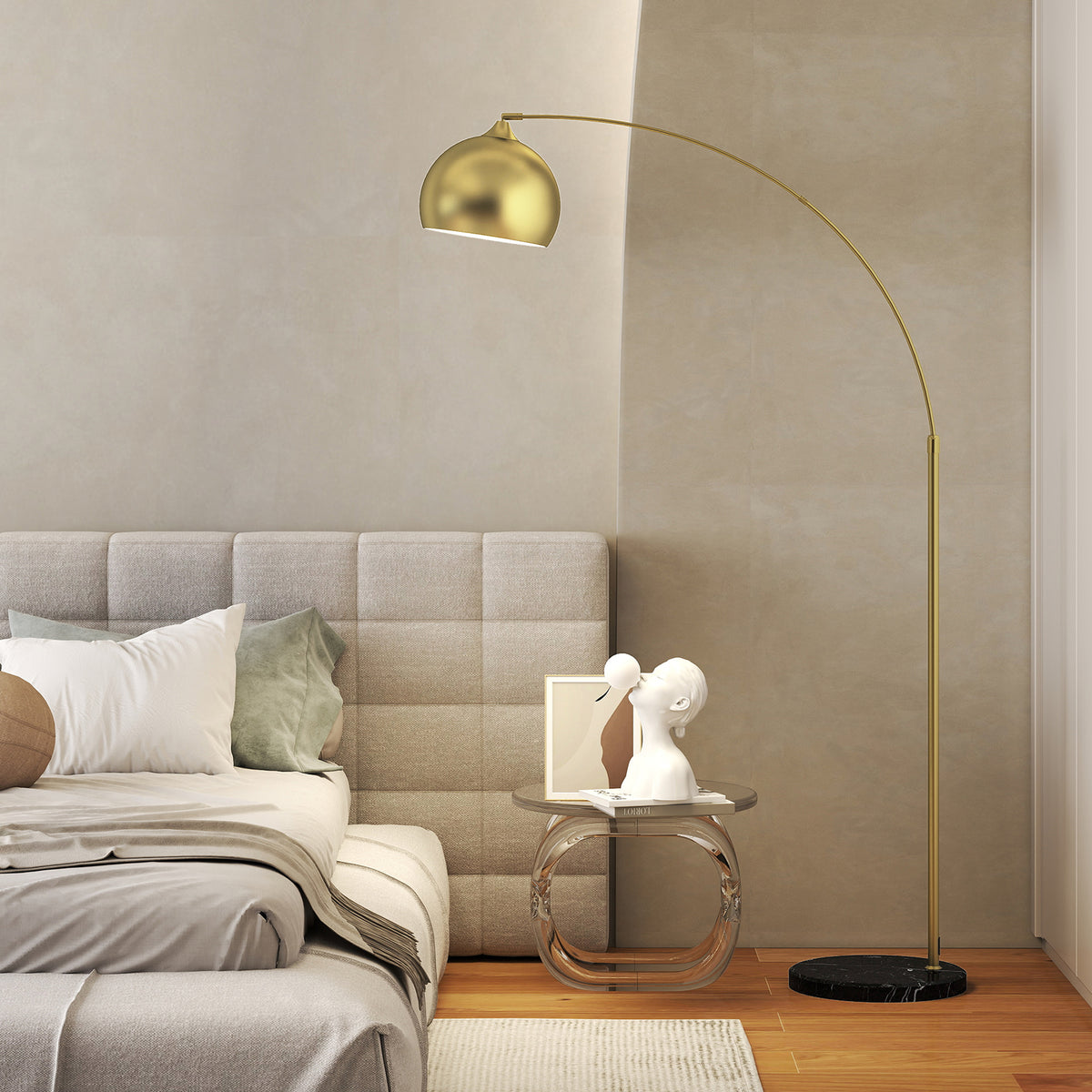 HOMCOM Modern Arc Floor Lamp with Adjustable Rod and Foot Switch, E27 Socket, Gold