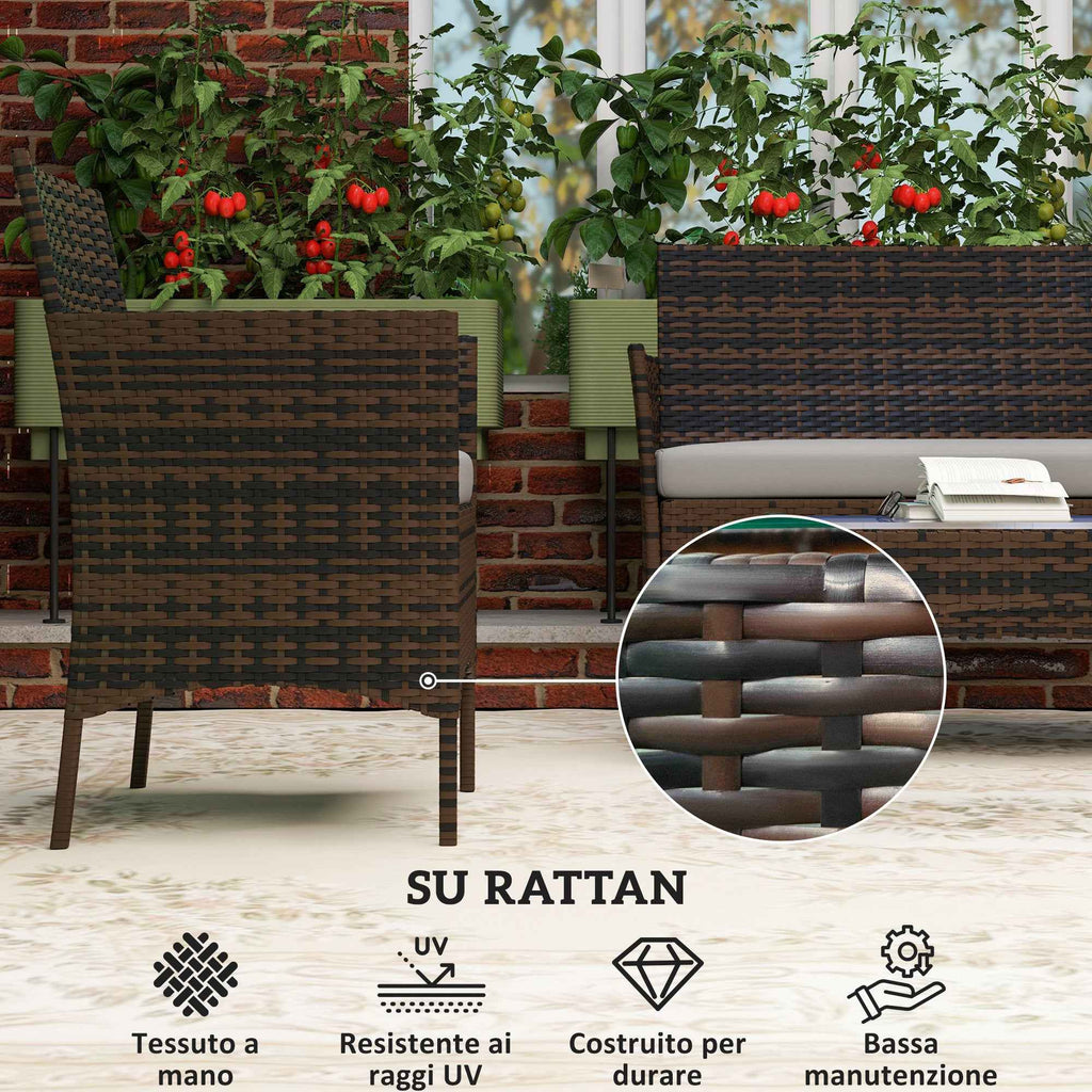Outsunny 4-Piece Garden Set with 2-Seater Sofa, 2 Chairs and Coffee Table, in Rattan and Steel, Grey and Brown